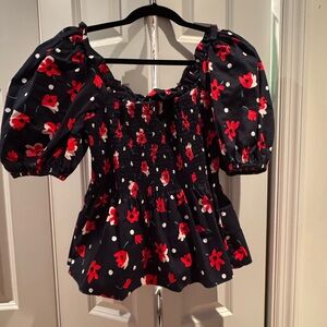 Kate Spade Black and Red Ruffled Puff Sleeve Blouse